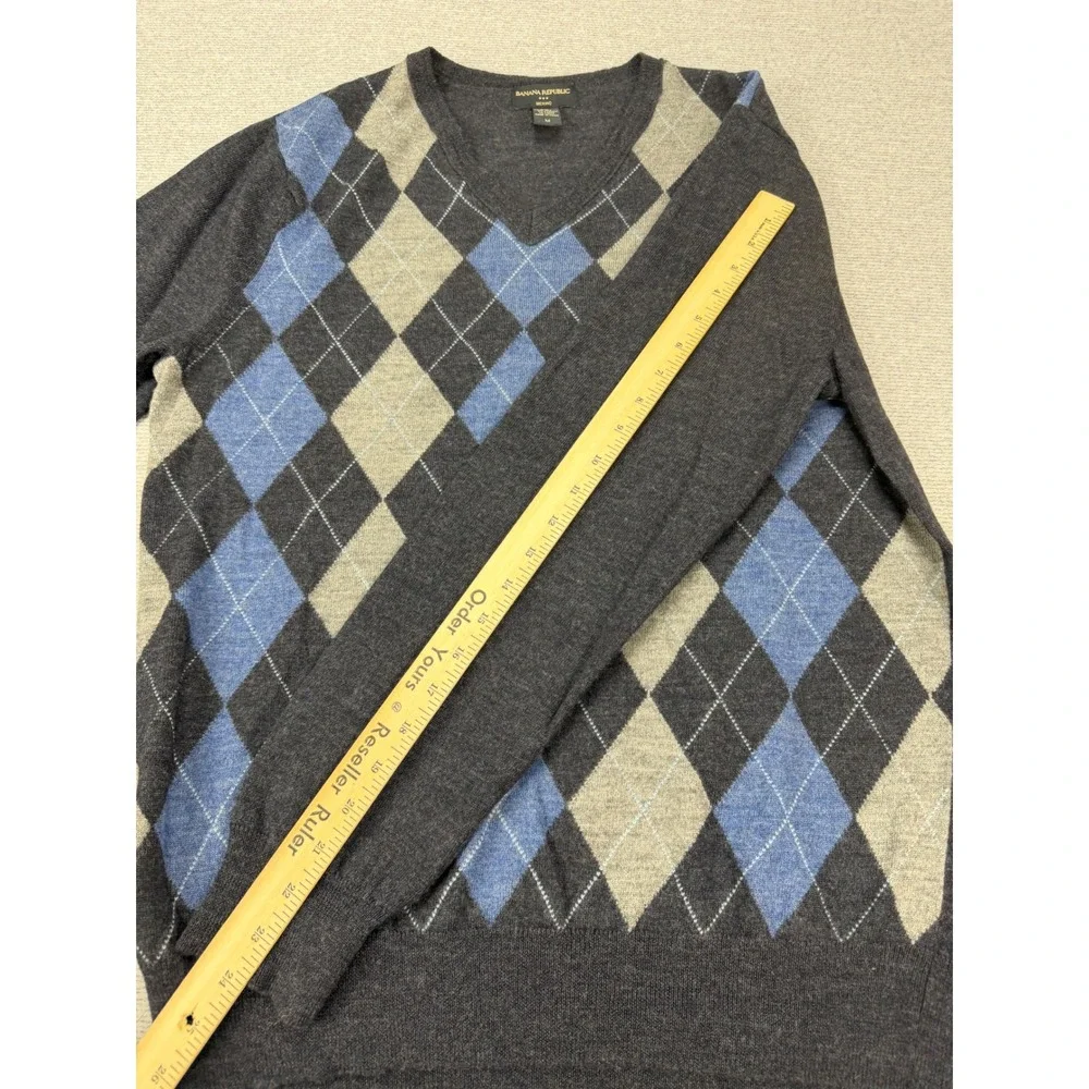 Banana‎ Republic Mens Merino Wool Argyle V-Neck Sweater Gray Blue Size M